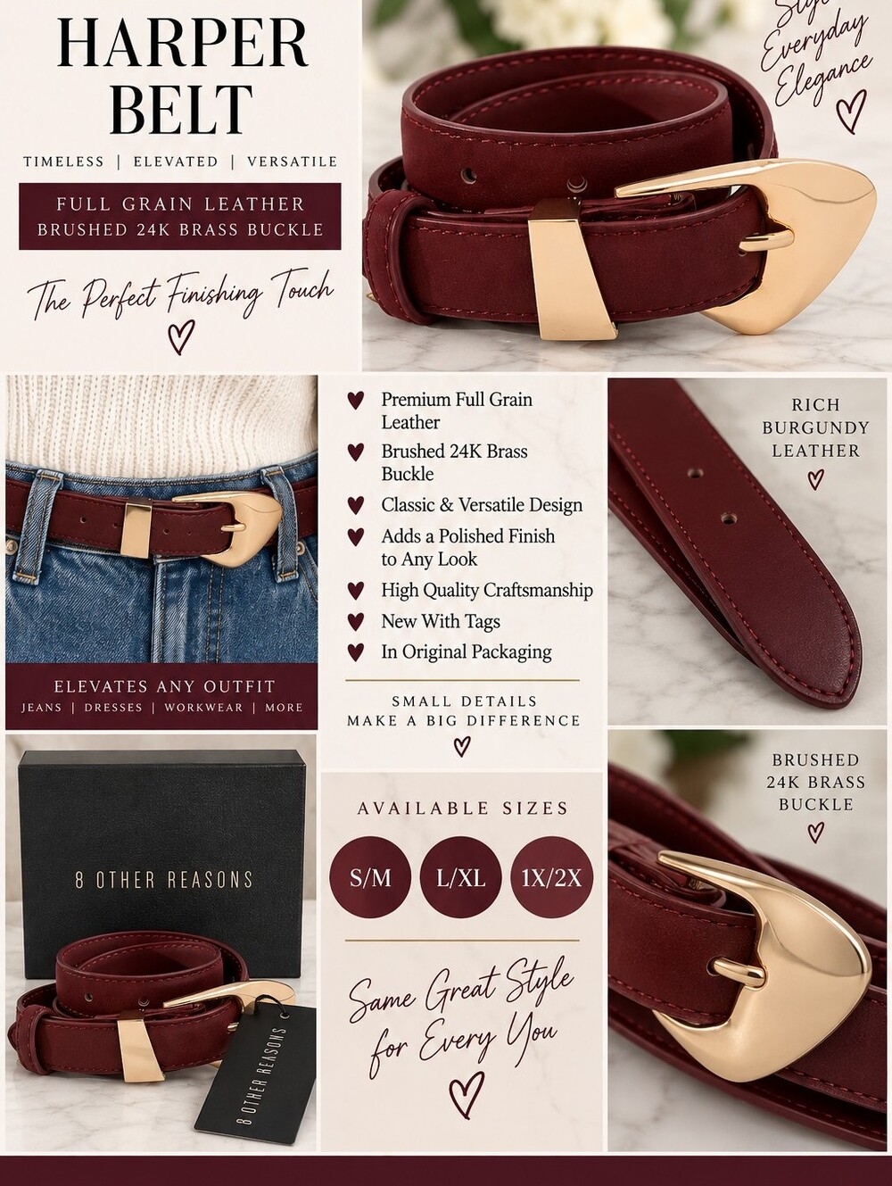 Harper Burgundy Leather Belt with Brushed 24K Brass Buckle — Deep Red Strap